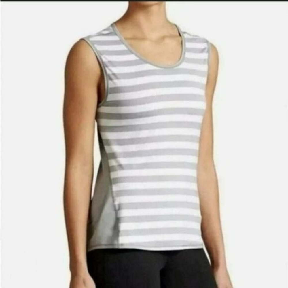 Athleta Women's Grey and White Ocean Stripe Chi Activewear Muscle Tank Large